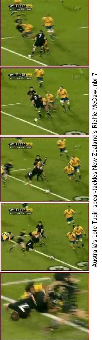 Australia's Lote Tuqiri spear-tackles New Zealand’s Richie McCaw, nbr 7. Ouch.