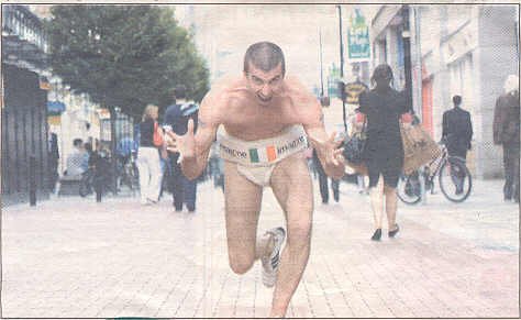 Colin Carroll, sumo wrestler and elephant polo world champion, terrifies Cork's citizens as he solicits for solicitor's business