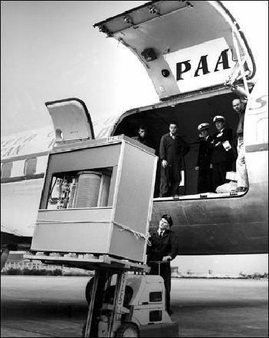 Five Mb hard drive, being loaded on to a Pan Am flight, in 1956