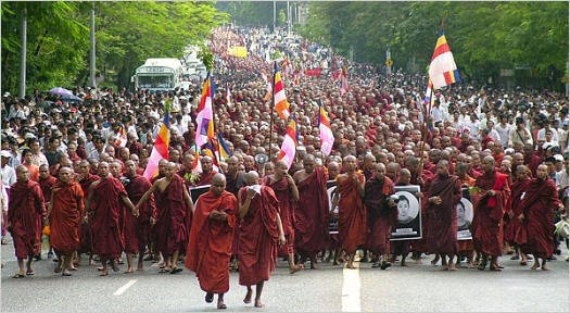 Brave monks protesting on the streets of Rangoon