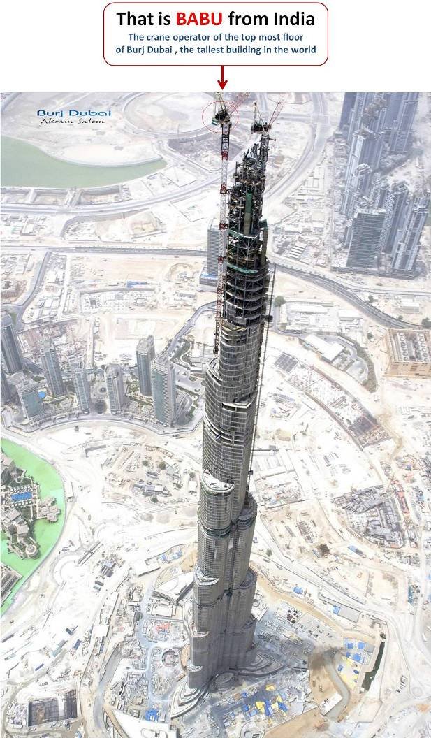 Babu, in the crane cabin alongside the world's tallest building