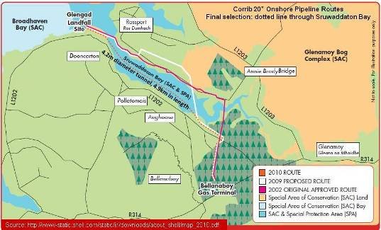 Successive pipeline routes, culminating in a tunnel through Sruwaddaton Bay