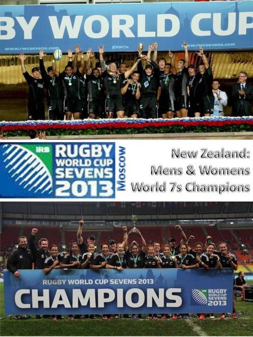 New Zealand celebrating winning two RWC7s World Cups